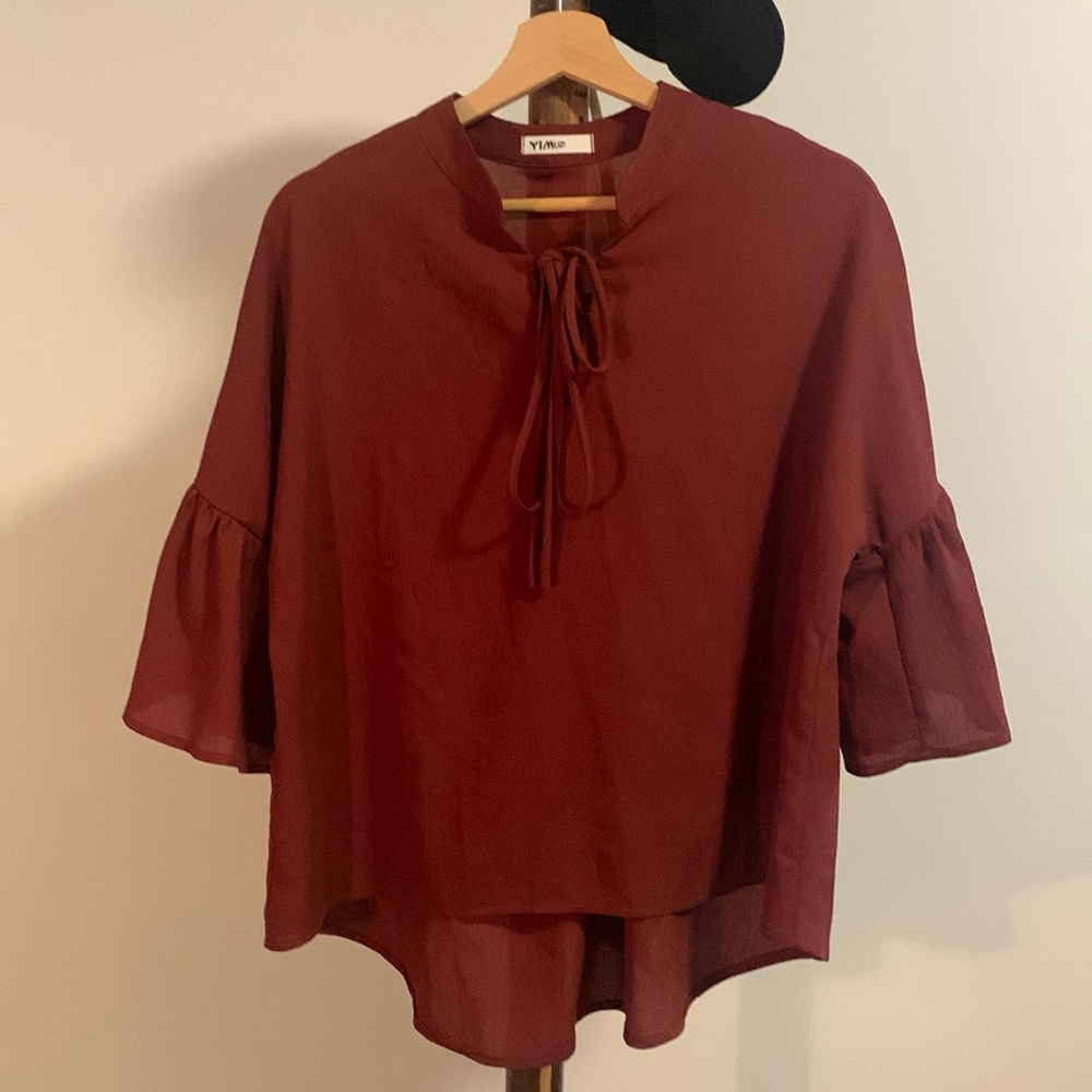Red ruffle sleeves blouses